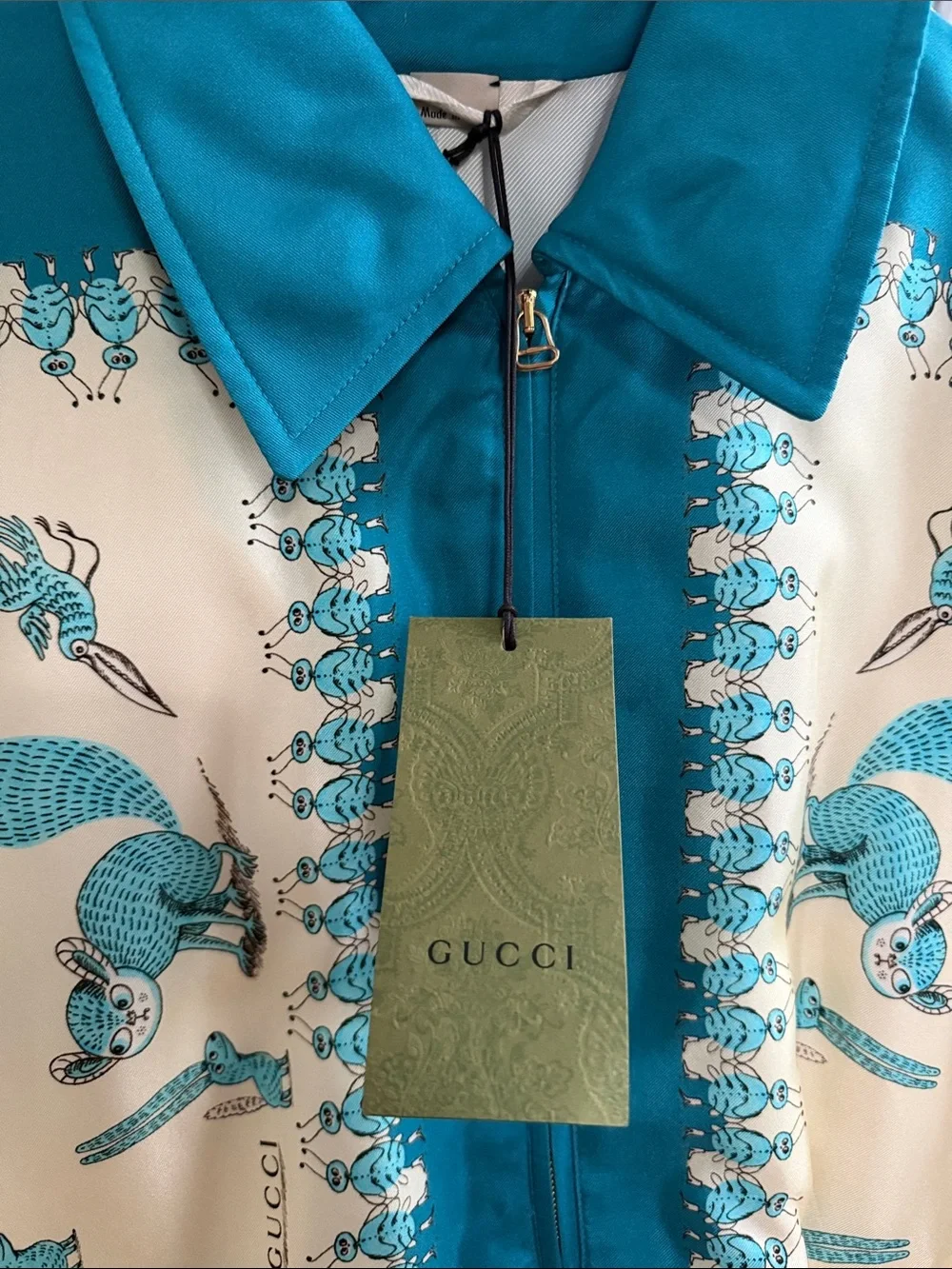 Gucci Teal and Cream Silk-Blend Printed Bomber